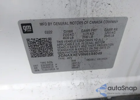 2022 Chevrolet Equinox Awd Premier из США, поврежденный, VIN 2GNAXXEV9N6144049